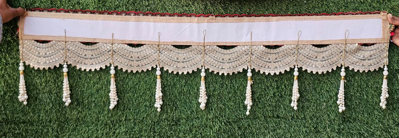 (Design No.3) Premium Designer Door Hanging Toran 43 Inch | Red, White & Green Stone Embellished Bandhanwar | Pearl Tassel Festive Door Decor
