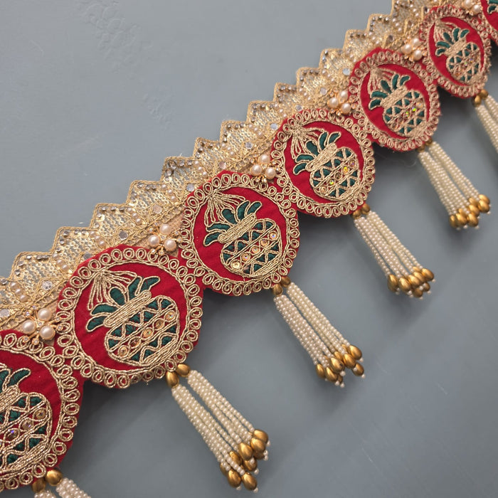(Design No.2) 1 Pcs Premium Kalash Designer Door Hanging Toran 40 Inch | Red & White Traditional Bandhanwar with Pearl Tassels | Festive Door Decor