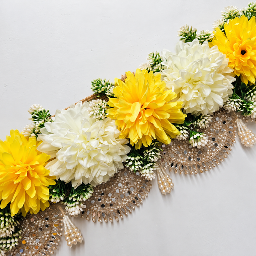 (Design No.18) 1 Pcs Yellow & Off-White Floral Toran | Elegant Pearl & Golden Lace Door Hanging Decoration | Festive, Wedding & Pooja Décor