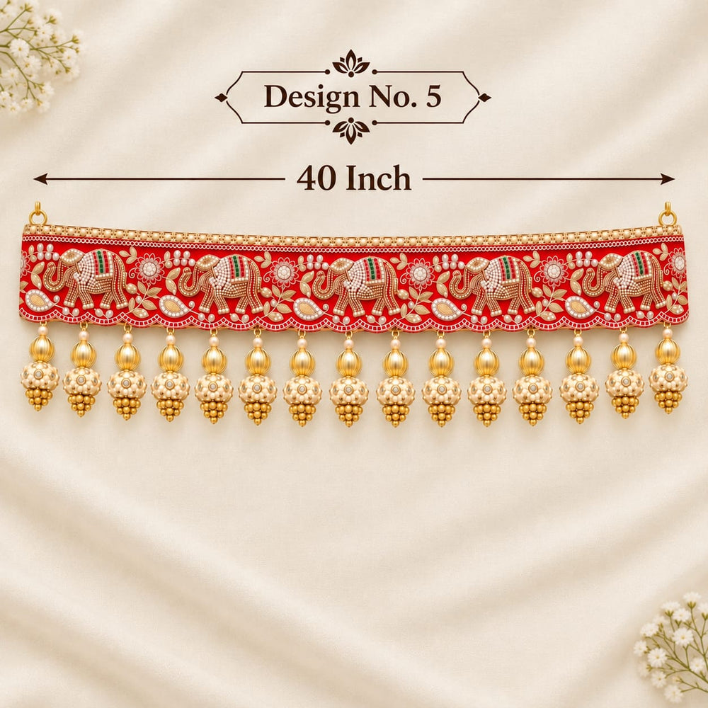 (Design No.5) Premium Designer Door Hanging Toran 40 Inch | Red Elephant Embroidered Bandhanwar with Pearl Tassels | Festive Door Decor