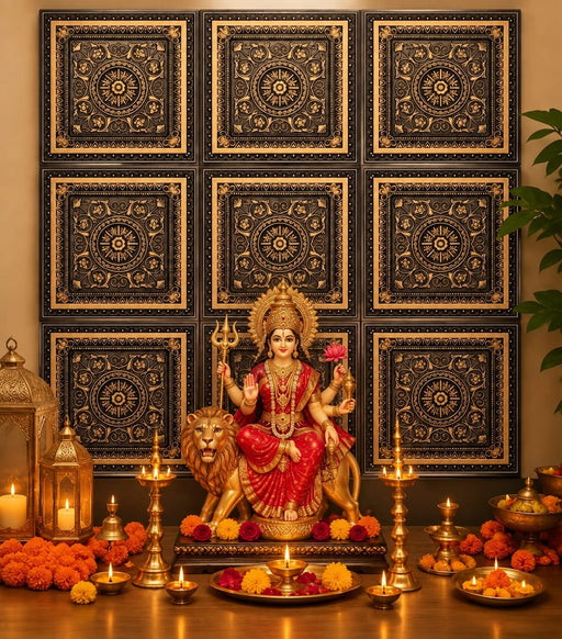 Premium Backdrop Wall Panels (9 pcs set) | 30 × 30 CM Each Panel For Ganpati , Janmashtami , Durga pooja  and Diwali  | 90 × 90 CM DIY Mandap Background | 9 Panels | 3 Designs | Includes Double-Sided Tape