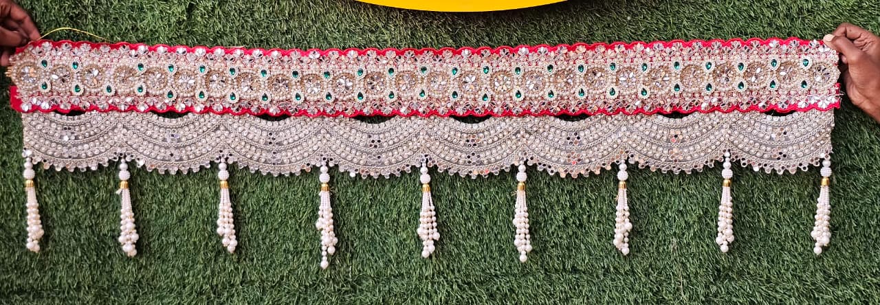 (Design No.3) Premium Designer Door Hanging Toran 43 Inch | Red, White & Green Stone Embellished Bandhanwar | Pearl Tassel Festive Door Decor