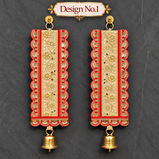 ( Design No.1 )( 2 pcs )Traditional Embellished Door Hanging with Bell | Red & Golden Decorative| 16 × 5.5 Inch Wall Hanging