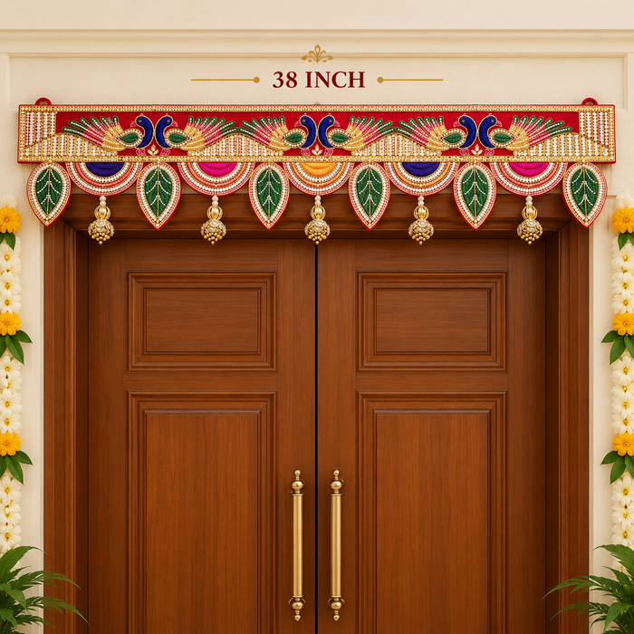 (Design No.8) Premium Peacock Design Embroidered Toran with Golden Latkan | 38 Inch Red Door Hanging | Traditional Festive Home Décor
