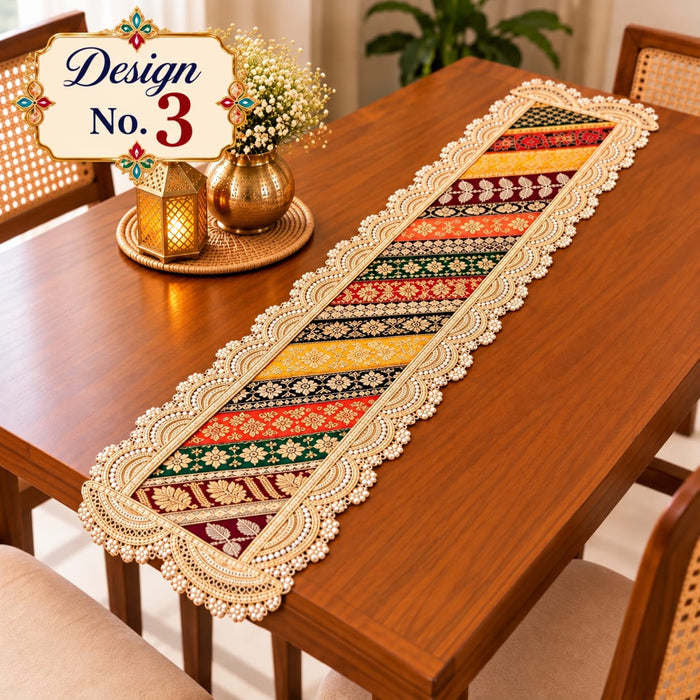 1 Pcs Traditional Indian Table Runner with Decorative Border | Ethnic & Festive Table Decor