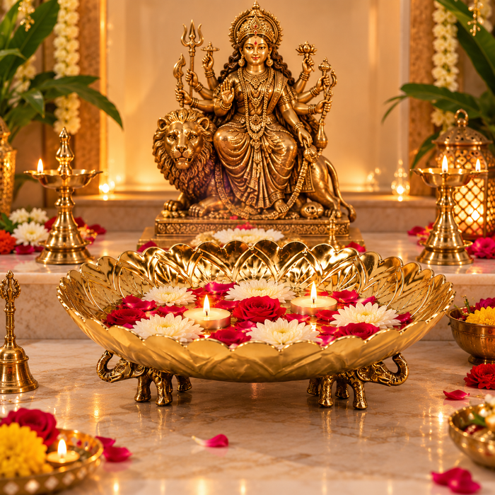 (Design no.42) Premium Golden Lotus Urli Bowl with Elephant Legs | Decorative Metal Urli for Diwali, Pooja & Home Décor | 10*3.5 inch