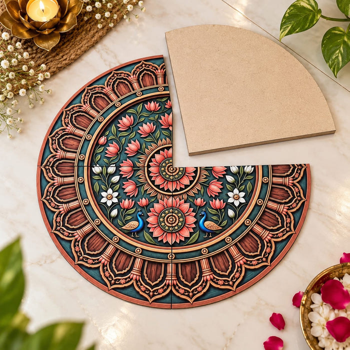Heritage 3D look Rangoli MDF | Beautiful Lotus & Peacock Design | Reusable Rangoli for Diwali, Home, Festive, Ganpati & Durga Puja Decoration