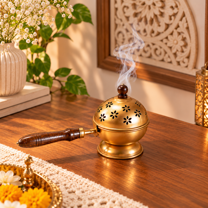 Metal Dhoop Dani with Wooden Handle | Traditional Incense Burner for Pooja, Home Purifying, Loban & Incense Burner, Diwali Décor