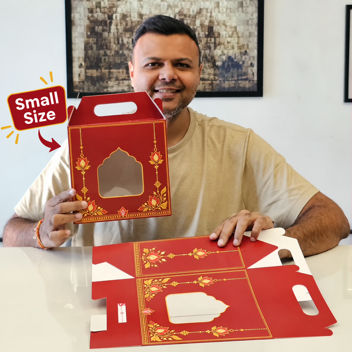 Small size Premium Red & Gold Decorative Gift Hamper Box with Handle & Window | 8 × 8 × 4 Inch Gifting Box