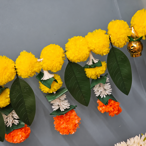 (Design No.12) 1 Pcs Premium Artificial Marigold Toran for Door Decoration | 40 Inches Floral Bandhanwar with Green Leaves & Hanging Flowers | Diwali & Festive Home Decor