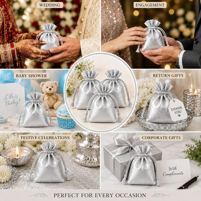 Luxury Satin Drawstring Potli Bag – Gold & Silver | Return Gift Pouch for Wedding, Festive & Jewelry Packaging (7 x 9 cm)