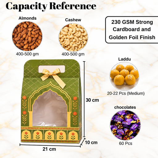 Pastel Green Rajwadi Premium Dry Fruit & Sweets Gift Hamper Box | Royal Festive Hamper Box with Golden Foil Finish