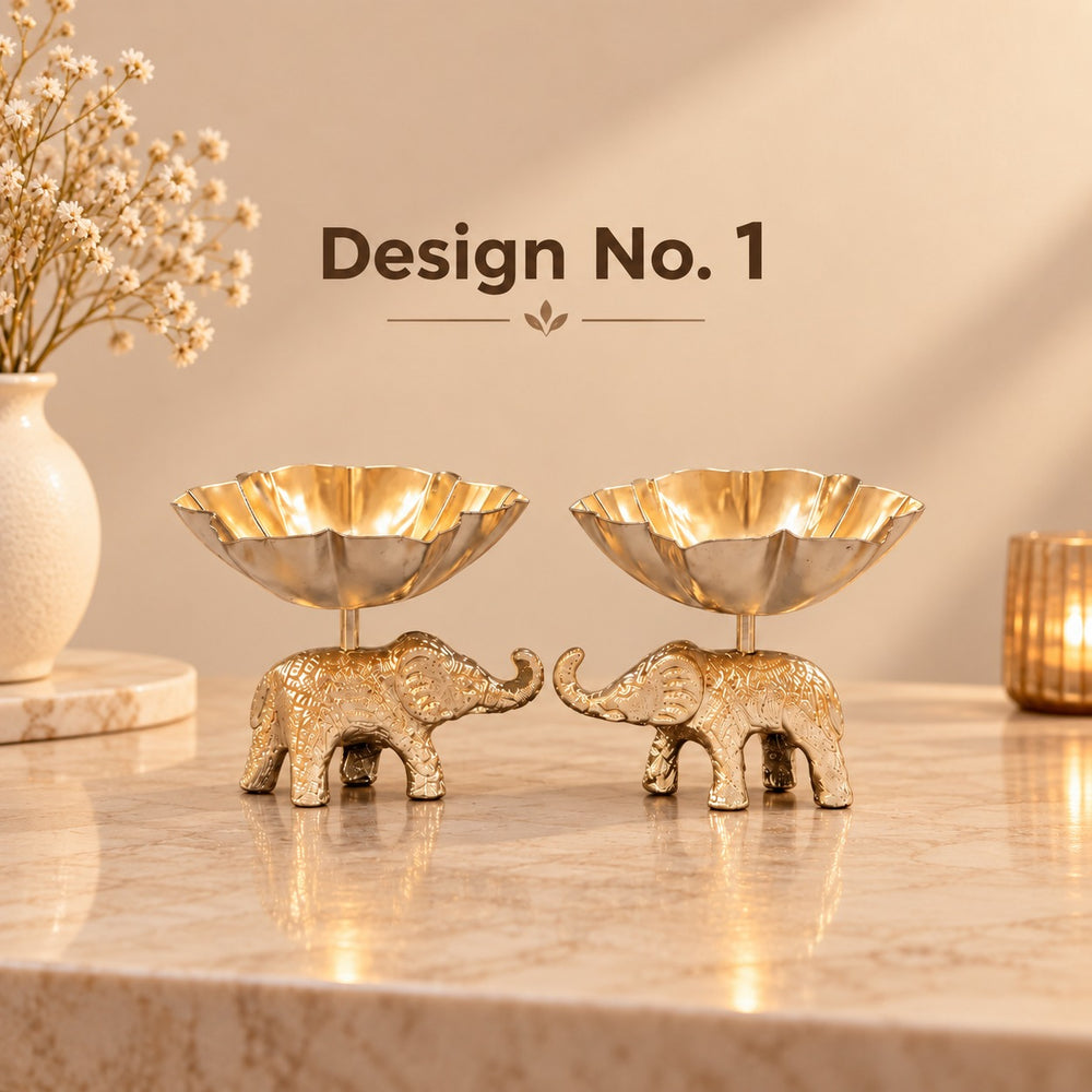 (Design No.1) Decorative Metal Elephant Diya for Home, Pooja Room & Temple Décor, Traditional Elephant Design Oil Lamp for Diwali, Ganpati, Festive Occasions, Wedding Decoration & Housewarming Gifts