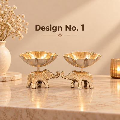 (Design No.1) Decorative Metal Elephant Diya for Home, Pooja Room & Temple Décor, Traditional Elephant Design Oil Lamp for Diwali, Ganpati, Festive Occasions, Wedding Decoration & Housewarming Gifts