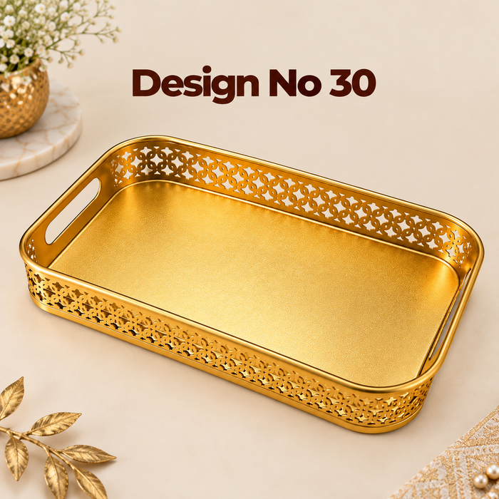 (Design No.30) Premium Golden Decorative Serving Tray with Cutwork Design | Elegant Metal Tray with Handles | Luxury Gift, Wedding & Home Décor Tray
