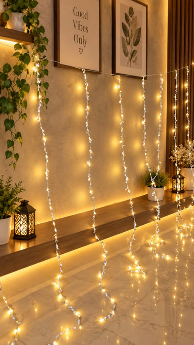 (DESIGN NO.6) 1 PCS Silver Leaf LED String Light 3 Meter × 2 Meter | Warm White Hanging Curtain Lights for Home, Diwali, Ganpati & Festive Decoration