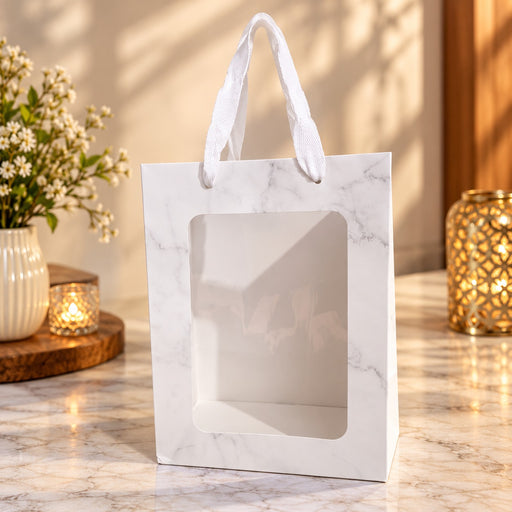 Big size Premium Marble Print Paper Gift Bag with Window & White Rope Handles | 10 × 7 × 5 Inch Luxury Gift Packaging Bag