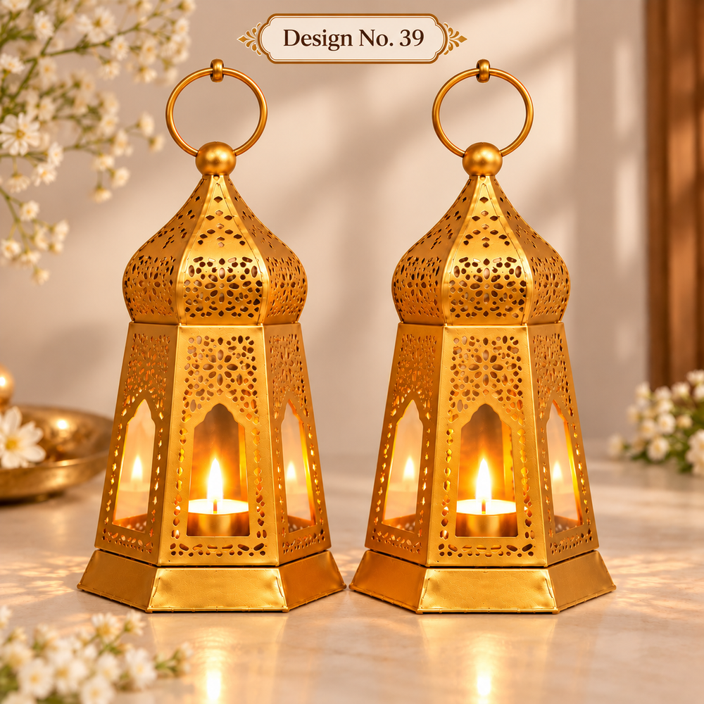 (Design No.39) Golden Metal Hanging Lantern for Diya & Candle | Decorative Moroccan-Style Lantern | 7.5 Inch Height × 3.5 Inch Width