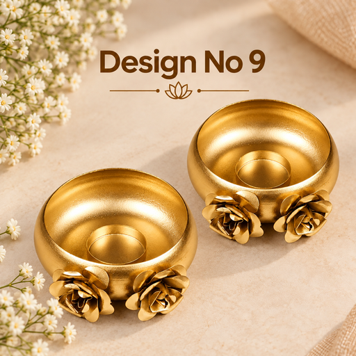(Design No.9) Decorative Round Gold Polish Decorative Urli Candle Holder Stand for Home Decor,Mandir Decor,Diwali Decor, Floating Flowers,Candles Diya holder, Office,Table Decor, Entrance Decoration Item (Golden)