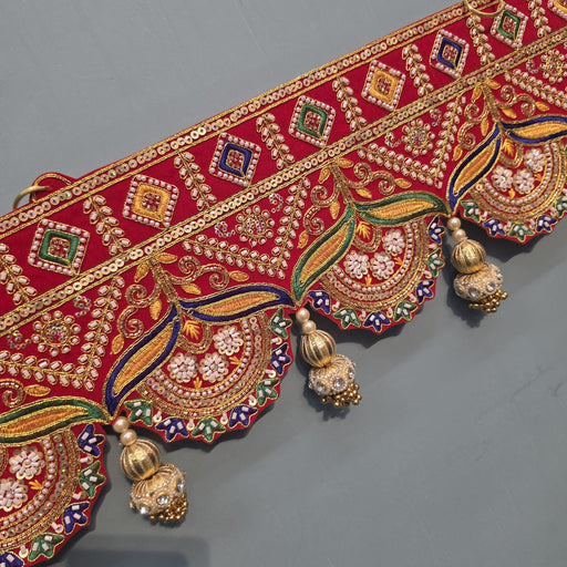 (Design No.9) 1 pcs  Premium Embroidered Traditional Toran with Golden Latkan | 38 Inch Red Door Hanging | Festive Home Décor