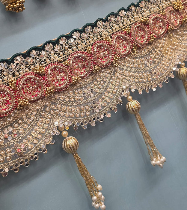 (Design No.6) 1 Pcs Premium Designer Door Hanging Toran 41 Inch | Pearl & Zari Embellished Bandhanwar | Red, Gold & White Festive Door Decor