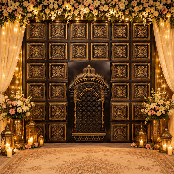 Ganpati Mandap Backdrop 6x6 Feet | 7 Decorative PVC Panels + 1 Temple Zarukho | Premium Ganesh Decoration Backdrop