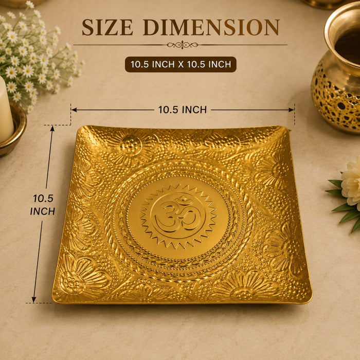 1 Pcs Premium Golden Metal Decorative Tray with Om Design | Embossed Floral Pooja Thali & Centerpiece Tray | Elegant Home Décor, Diwali, Festive & Pooja Decoration |