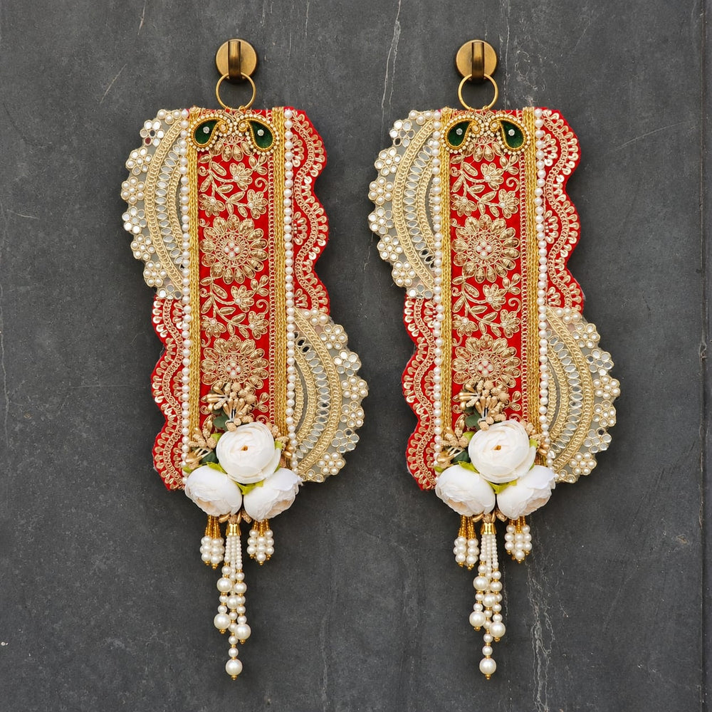 (Design No.3)(2 Pcs , 1 Pair)Traditional Embellished Door Hanging with Bell (2pcs) | Red & Golden Decorative| 15 × 5.5 Inch Wall Hanging
