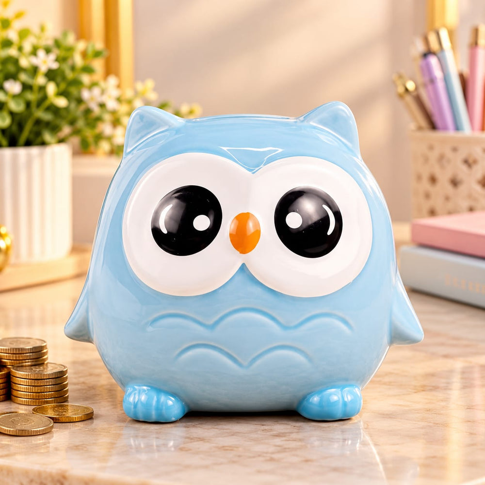 1 Piece Ceramic Blue Owl Design Gullak Piggy Bank for Rupees Savings - Coin Storage Tip Box Ideal for Kids and Adults - Money Kilona Pikibank ATM Coinbox Gulak (Pack of 1) (Blue)