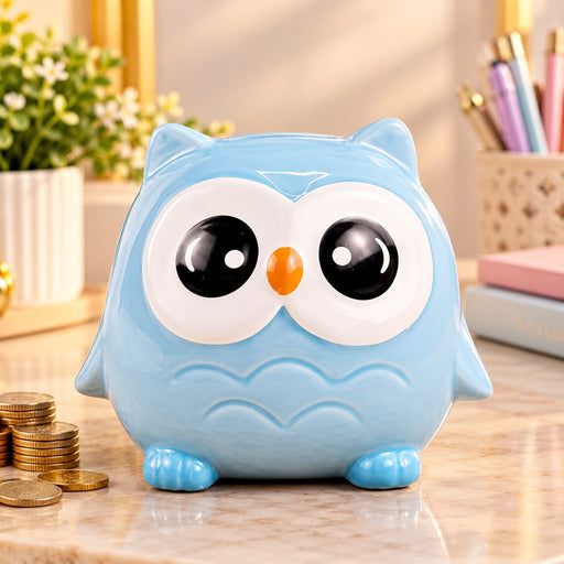 1 Piece Ceramic Blue Owl Design Gullak Piggy Bank for Rupees Savings - Coin Storage Tip Box Ideal for Kids and Adults - Money Kilona Pikibank ATM Coinbox Gulak (Pack of 1) (Blue)