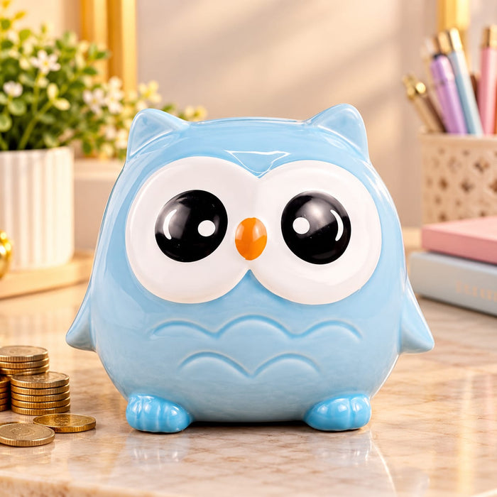 1 Piece Ceramic Blue Owl Design Gullak Piggy Bank for Rupees Savings - Coin Storage Tip Box Ideal for Kids and Adults - Money Kilona Pikibank ATM Coinbox Gulak (Pack of 1) (Blue)