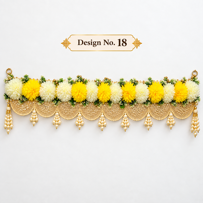 (Design No.18) Yellow & Off-White Floral Toran | Elegant Pearl & Golden Lace Door Hanging Decoration | Festive, Wedding & Pooja Décor