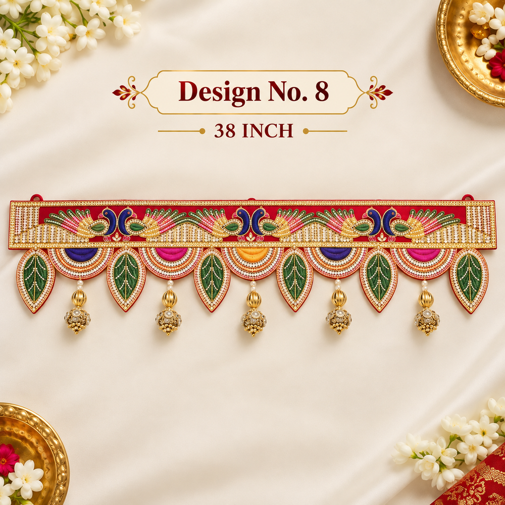 (Design No.8) Premium Peacock Design Embroidered Toran with Golden Latkan | 38 Inch Red Door Hanging | Traditional Festive Home Décor