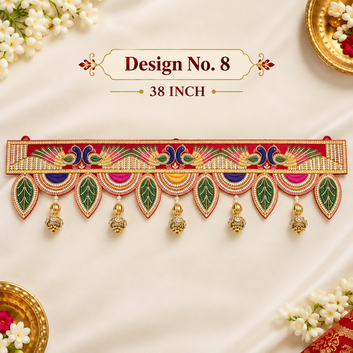 (Design No.8) Premium Peacock Design Embroidered Toran with Golden Latkan | 38 Inch Red Door Hanging | Traditional Festive Home Décor
