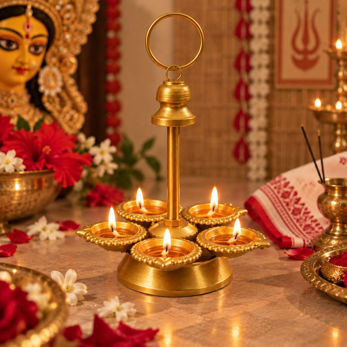 (Design No.31) Premium Metal Panch Diya Stand with Ring Handle | 9.5 Inch Height × 6 Inch Width | Traditional Pooja & Home Decor