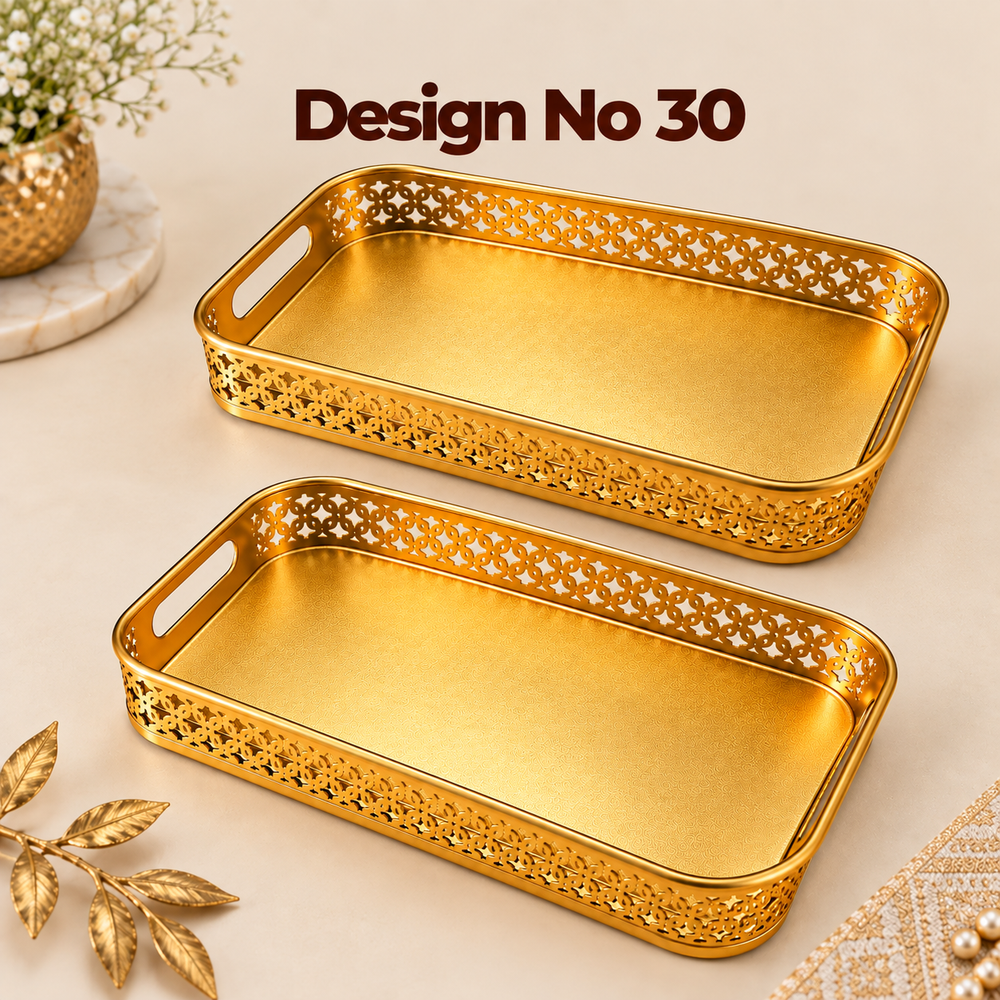 (Design No.30) Premium Golden Decorative Serving Tray with Cutwork Design | Elegant Metal Tray with Handles | Luxury Gift, Wedding & Home Décor Tray
