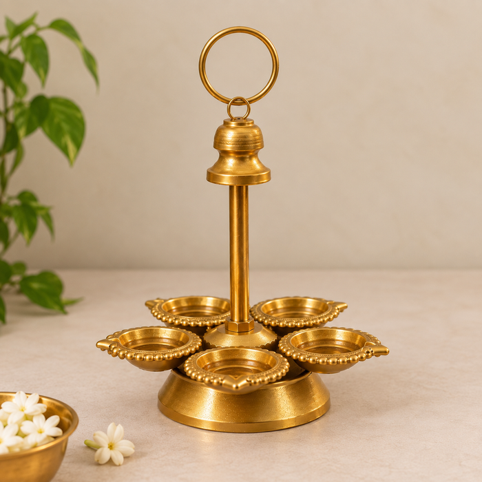 (Design No.31) Premium Metal Panch Diya Stand with Ring Handle | 9.5 Inch Height × 6 Inch Width | Traditional Pooja & Home Decor