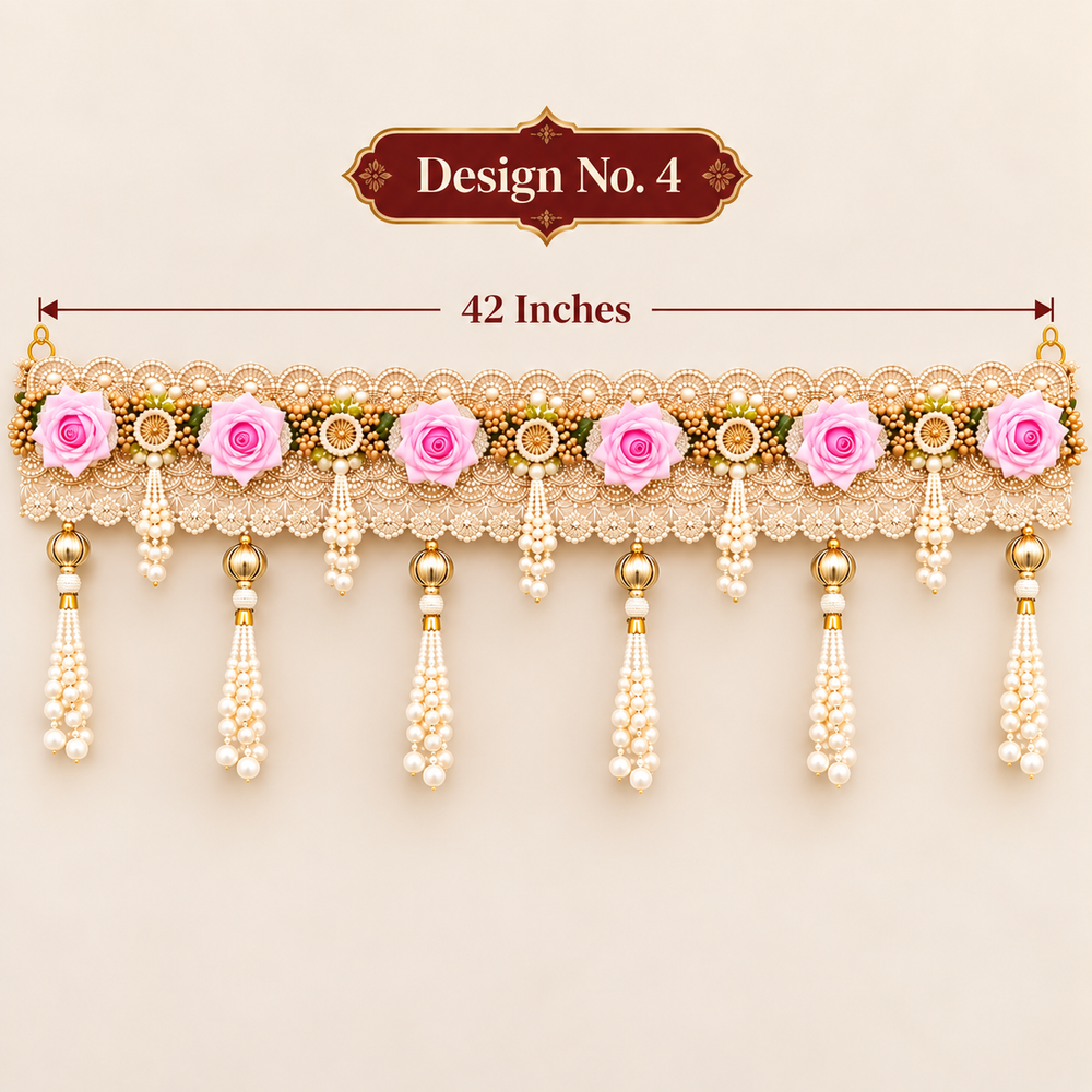 (Design No.4) Premium Floral Designer Door Hanging Toran 4blob:https://web.whatsapp.com/b2c3522e-3691-4d46-b364-694f61fe44412 Inch | Pink Rose & Pearl Embellished Bandhanwar | Elegant Festive Door Decor