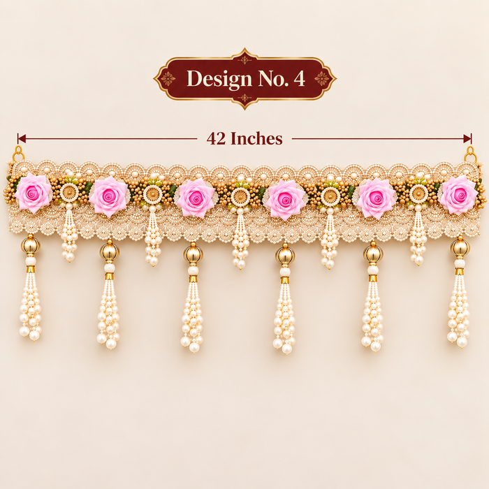 (Design No.4) Premium Floral Designer Door Hanging Toran 4blob:https://web.whatsapp.com/b2c3522e-3691-4d46-b364-694f61fe44412 Inch | Pink Rose & Pearl Embellished Bandhanwar | Elegant Festive Door Decor