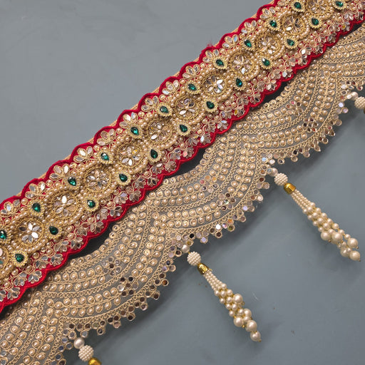 (Design No.3) 1 Pcs  Premium Designer Door Hanging Toran 43 Inch | Red, White & Green Stone Embellished Bandhanwar | Pearl Tassel Festive Door Decor