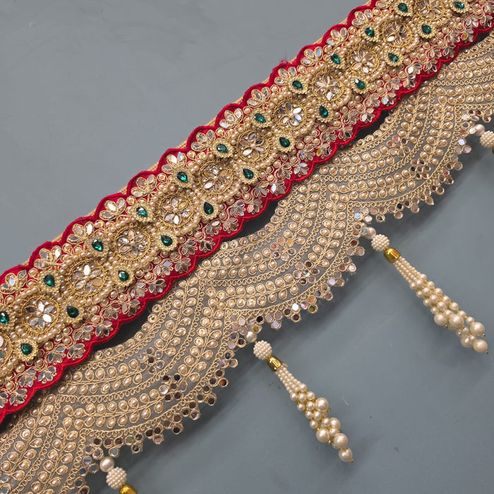 (Design No.3) 1 Pcs  Premium Designer Door Hanging Toran 43 Inch | Red, White & Green Stone Embellished Bandhanwar | Pearl Tassel Festive Door Decor