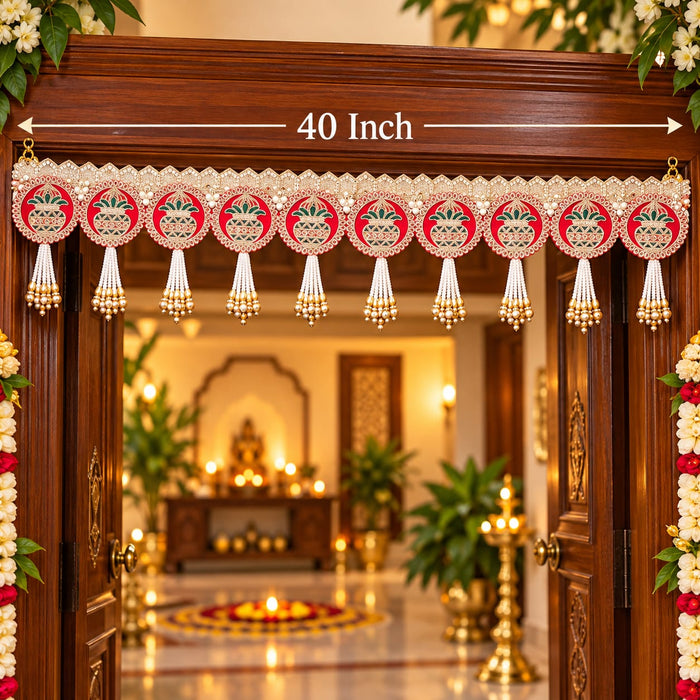 (Design No.2) Premium Kalash Designer Door Hanging Toran 40 Inch | Red & White Traditional Bandhanwar with Pearl Tassels | Festive Door Decor
