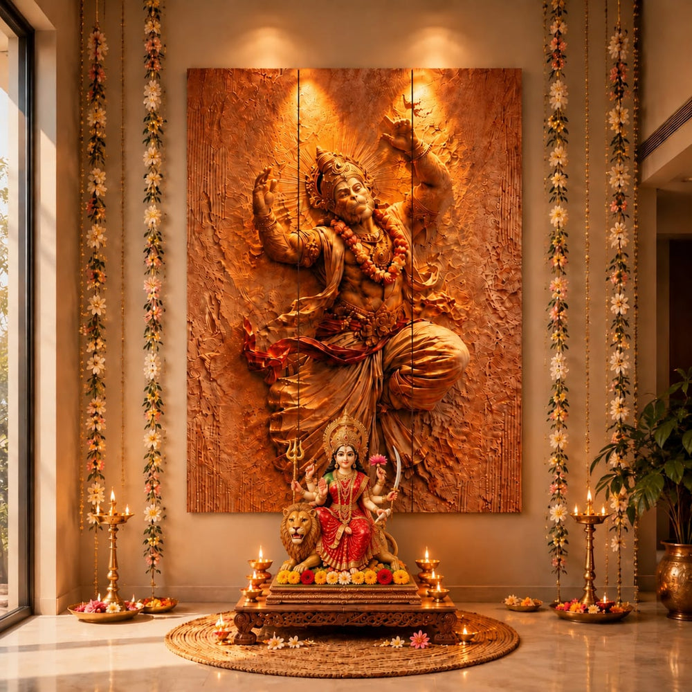 Hanumanji Backdrop for Home Décor , Janmashtami , Ganpati Decor , | MDF Foldable Wall Decor & Pooja Decoration | 3-Piece Panel