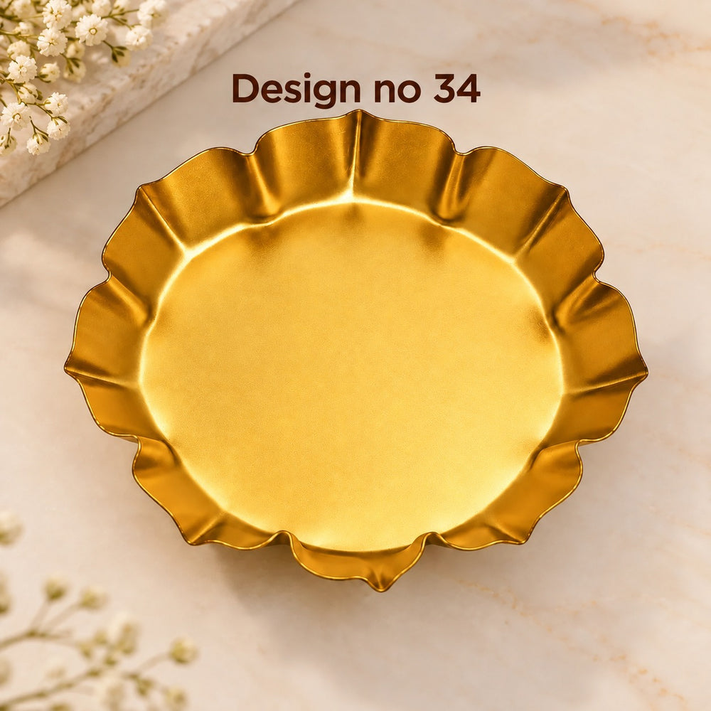 (Design No.34) Premium Golden Metal Decorative Plate | 3.5 Inch Floral Design Plate | Pooja, Festive & Home Decor