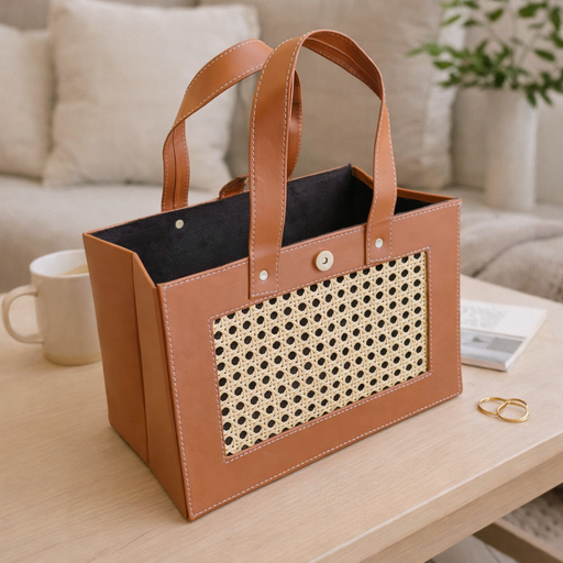 Premium Handcrafted Purse /Leather Storage Basket with Handle — Multipurpose Organizer for Gifts, Gifting Hampers, Home Décor, Office Storage (12.5 x 7 x 8.5 Inch) (Brown)