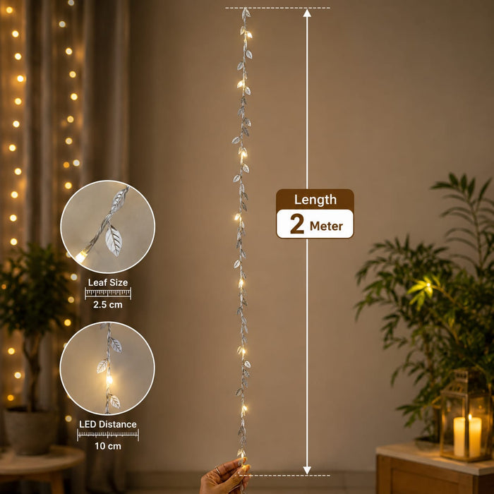 (DESIGN NO.6) 1 PCS Silver Leaf LED String Light 3 Meter × 2 Meter | Warm White Hanging Curtain Lights for Home, Diwali, Ganpati & Festive Decoration