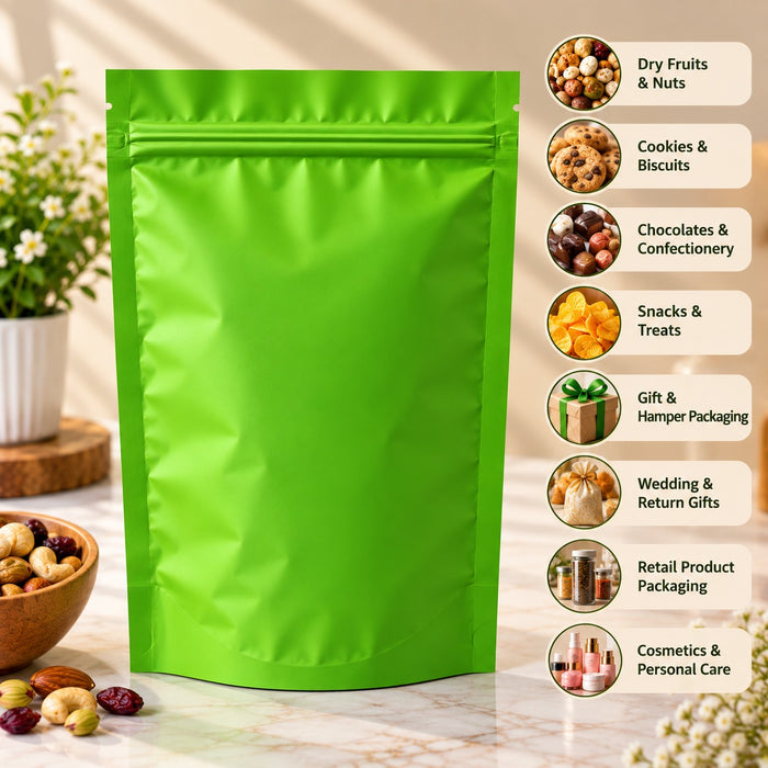 Premium Aluminium Foil Stand-Up Zipper Pouch | 10 × 7 Inch | Multiple Colour Options | Reusable Packaging Bag for Dry Fruits, Snacks & Gifting
