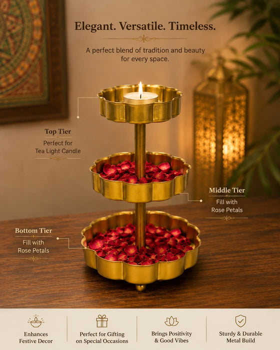 1 pcs Premium Golden Metal 3-Tier Urli Stand for Ganpati Decore/ Home Décor | Elegant Flower & Rose Petal Holder | Pooja, Festive Decoration & Table Centerpiece |