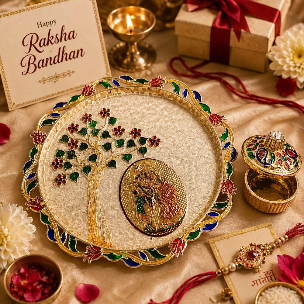 Elegant Plastic Pooja Thali Set with Decorative Kumkum Dabbi | 19 x 19 cm Raksha Bandhan Aarti Thali | Traditional Puja Thali for Rakhi, Ganesh Pooja, Diwali & Daily Worship
