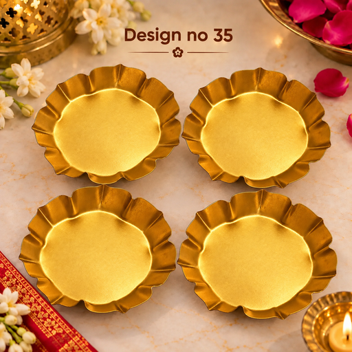 (Design No.35) Golden Scalloped Metal Plate | 4.5 Inch Decorative Tray for Diya, Pooja & Home Décor